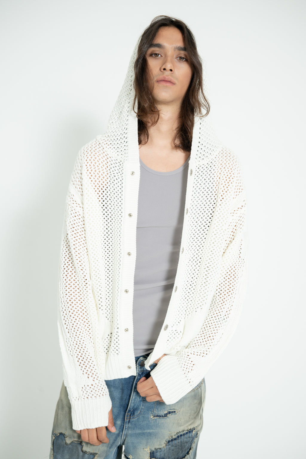 Open Knit Hoodie(Long) _ BLACK