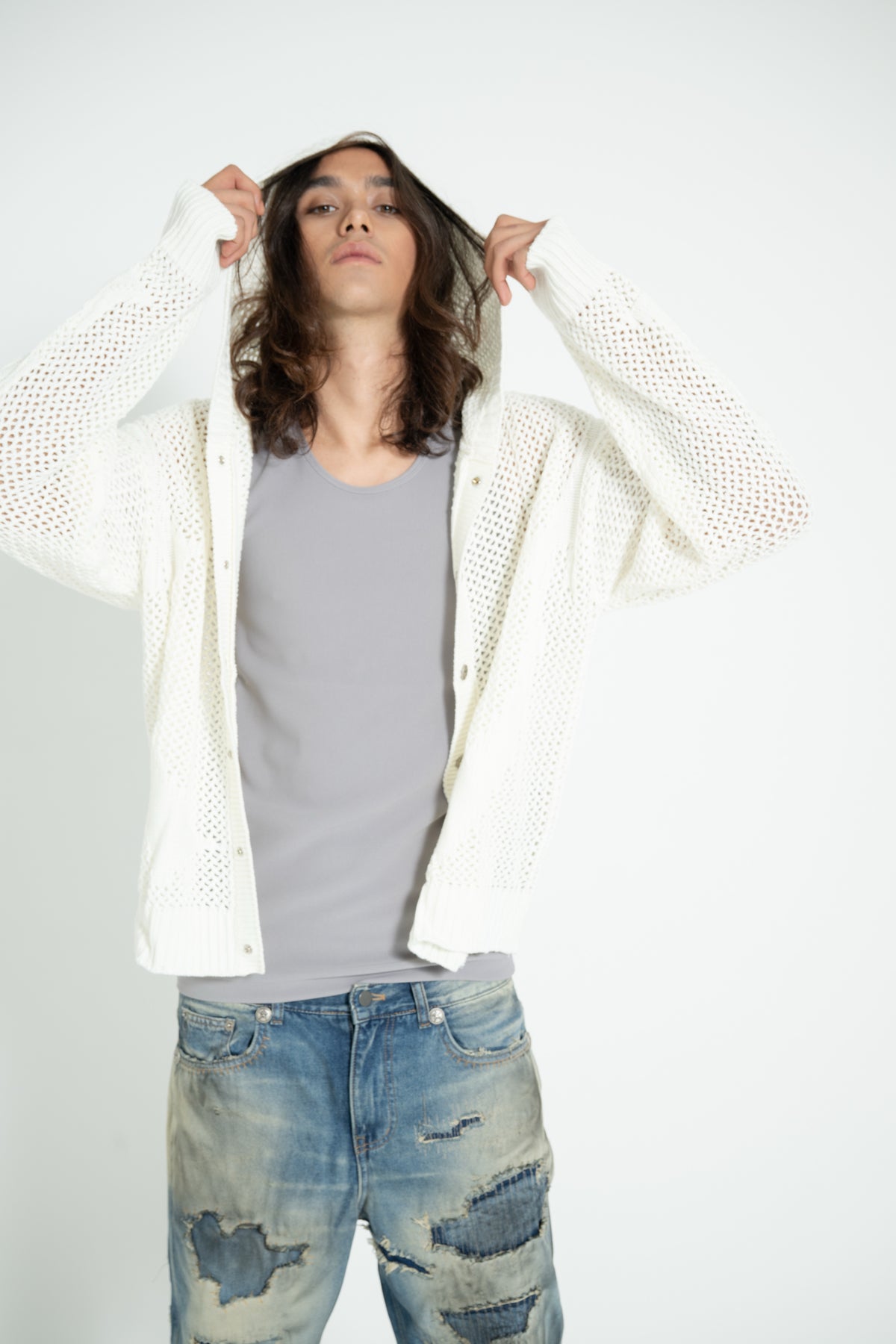 Open Knit Hoodie(Long) _ IVORY