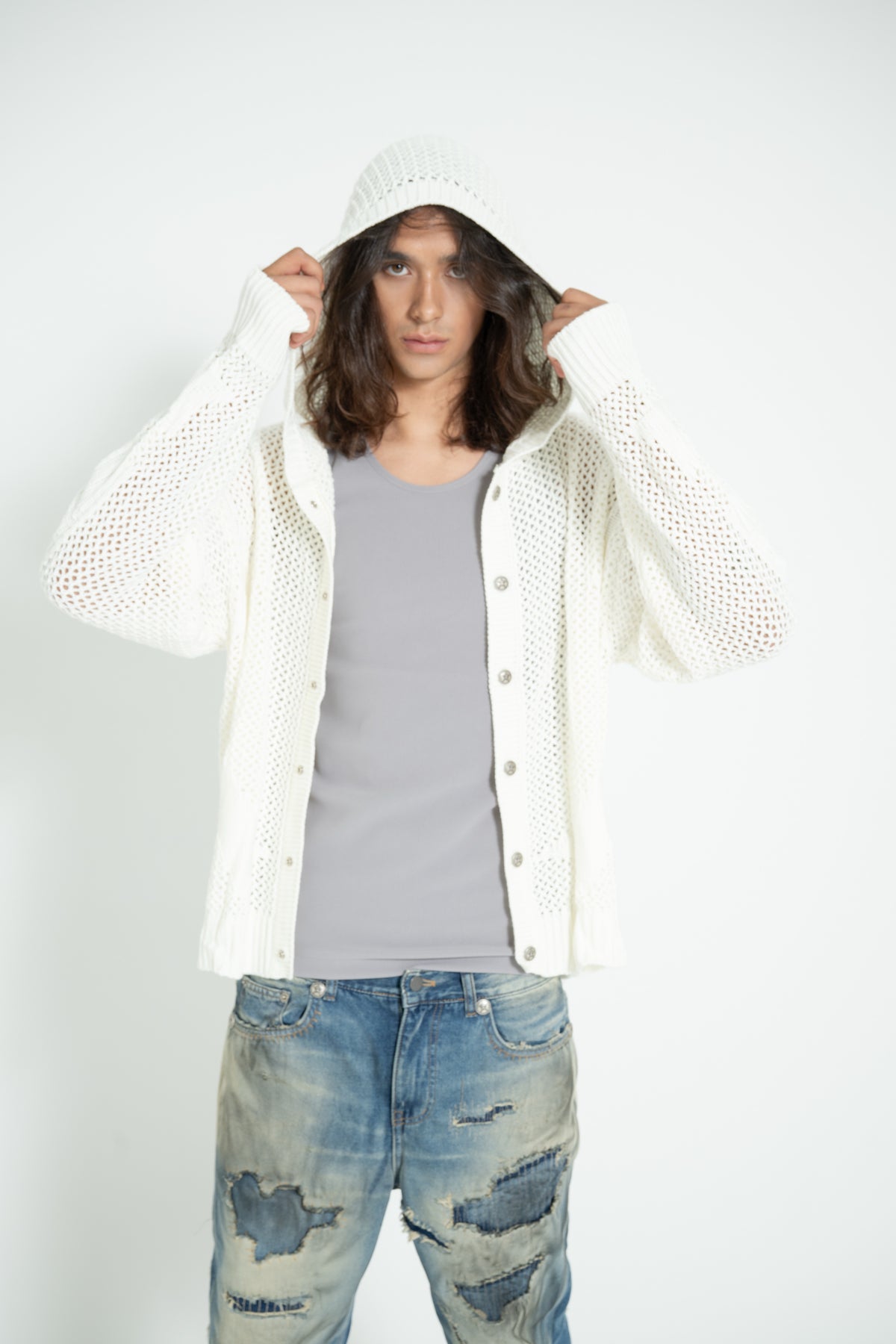 Open Knit Hoodie(Long) _ IVORY
